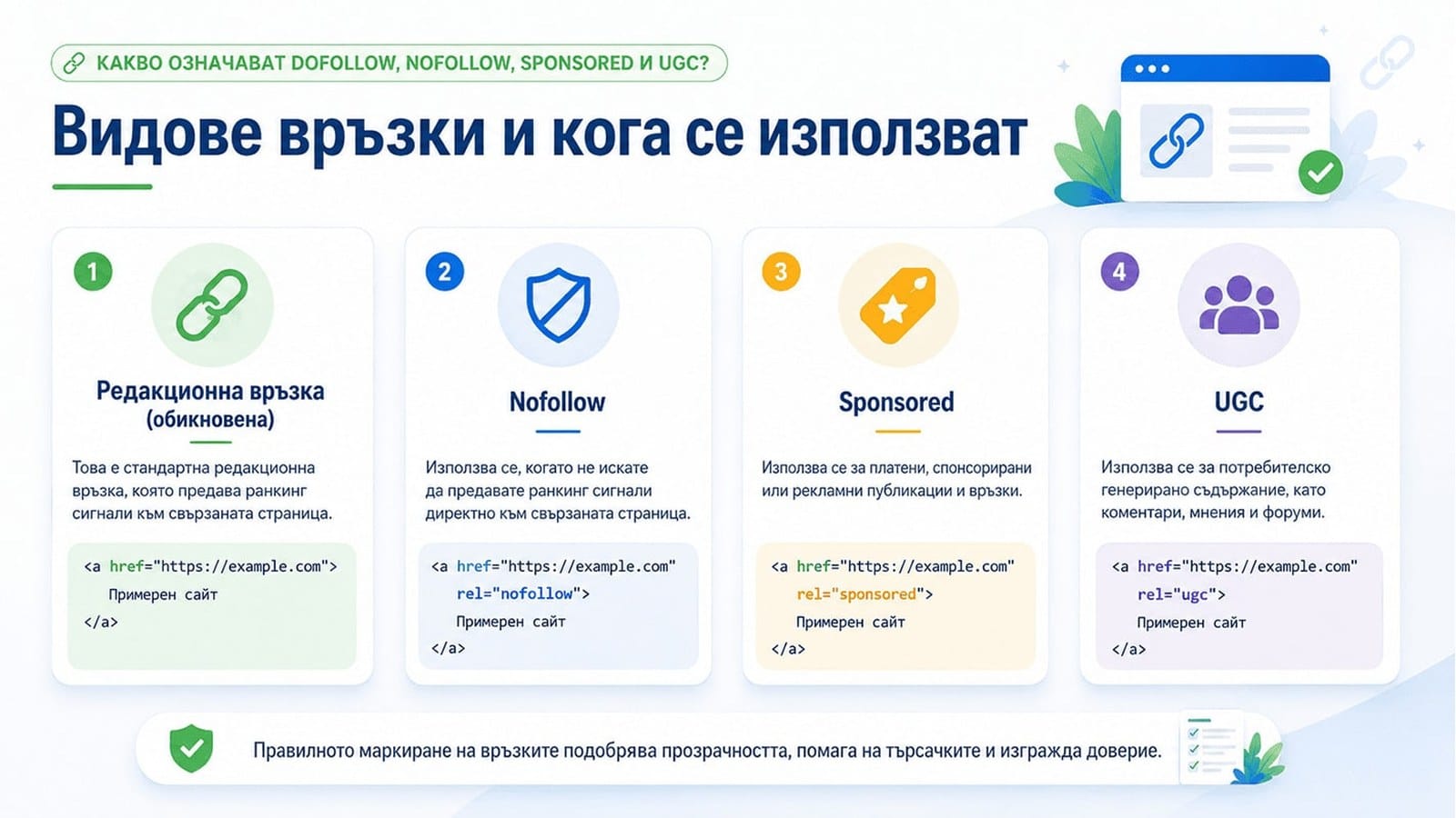 Какво означават dofollow, nofollow, sponsored и UGC