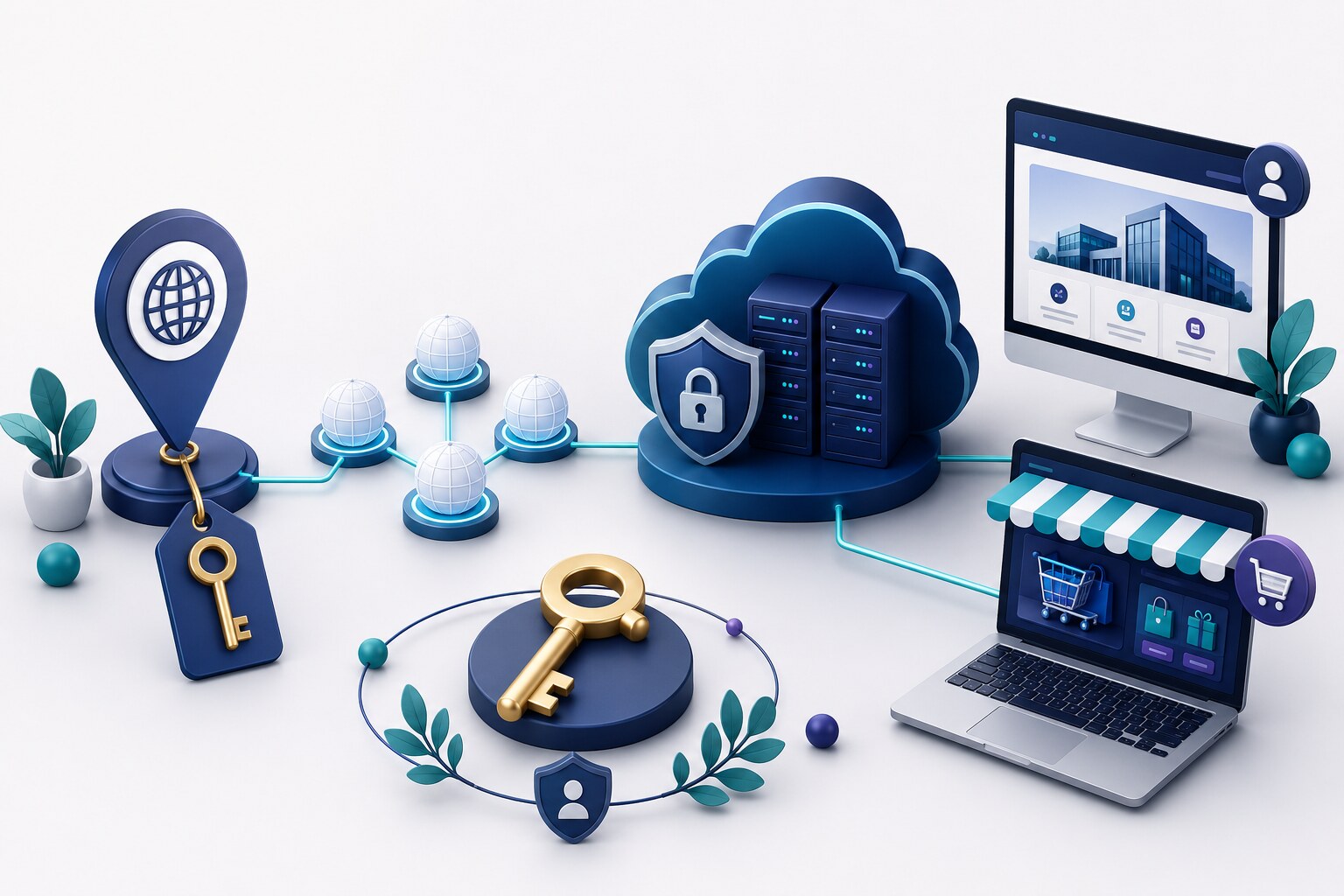A domain, DNS, and secure hosting environment connect a business website and online store under the owner's control