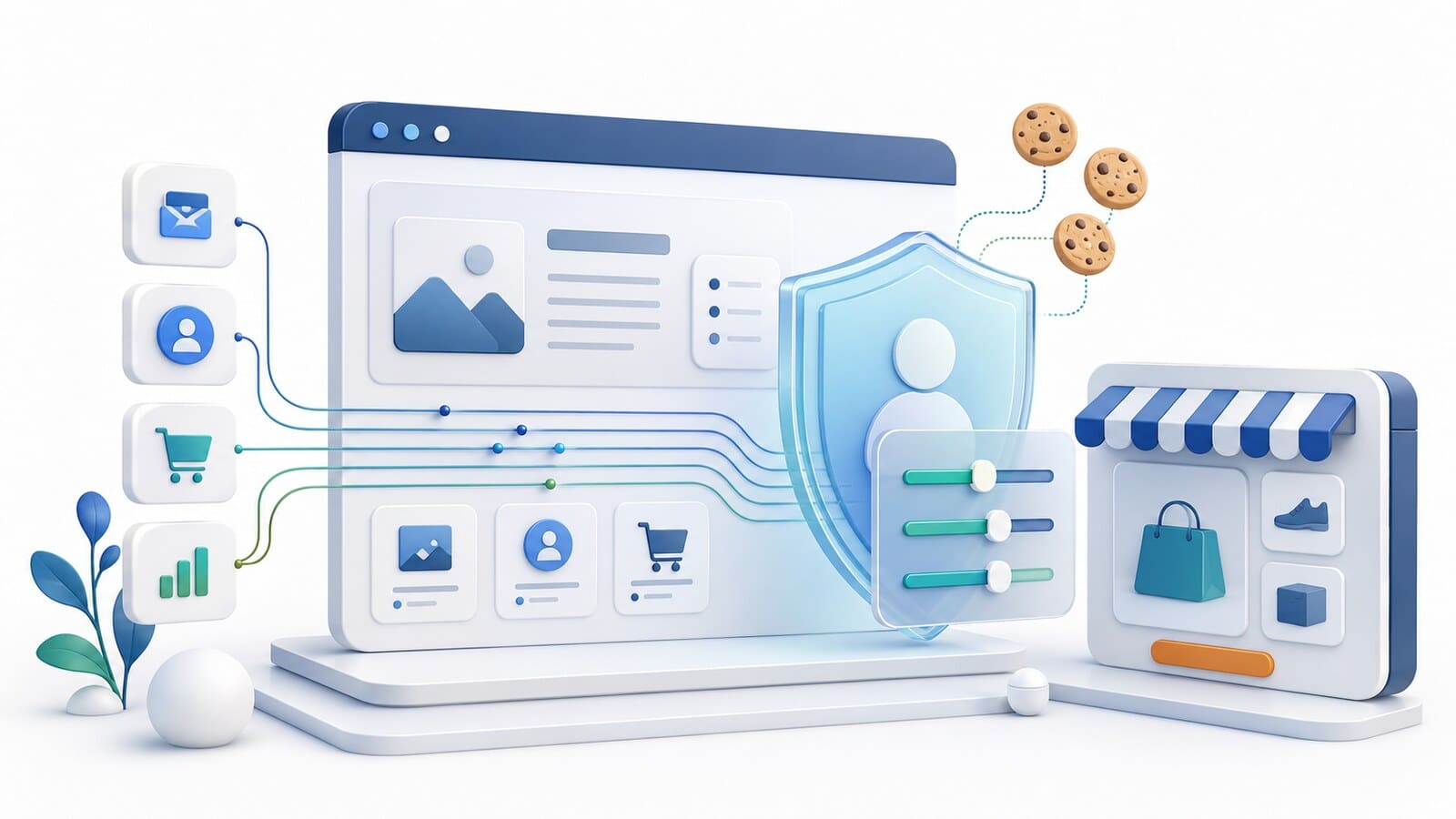 A website and online store with personal data flows, cookies, and a central privacy control panel