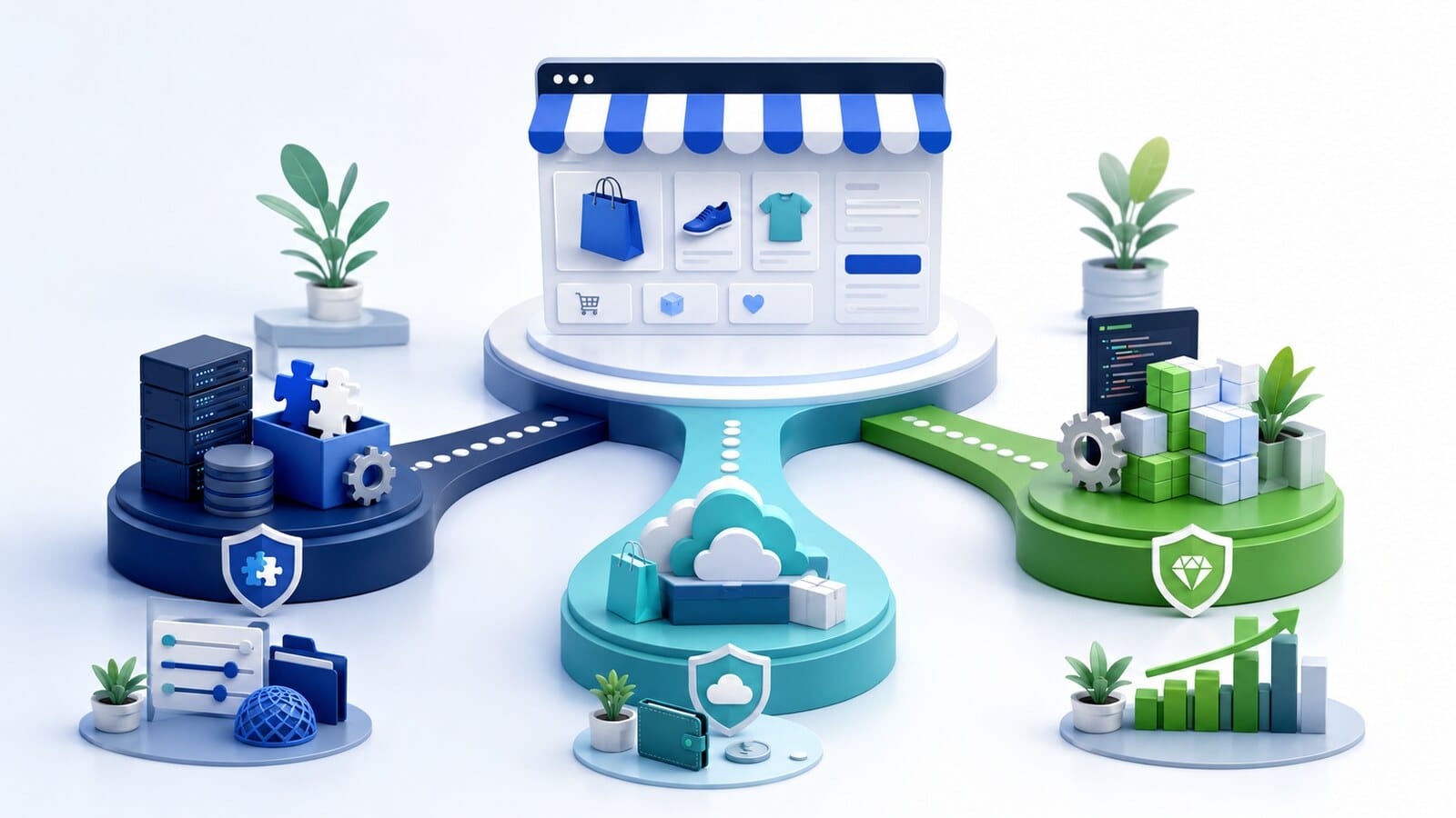 An online store with three paths leading to different platform models, integrations, and growth options