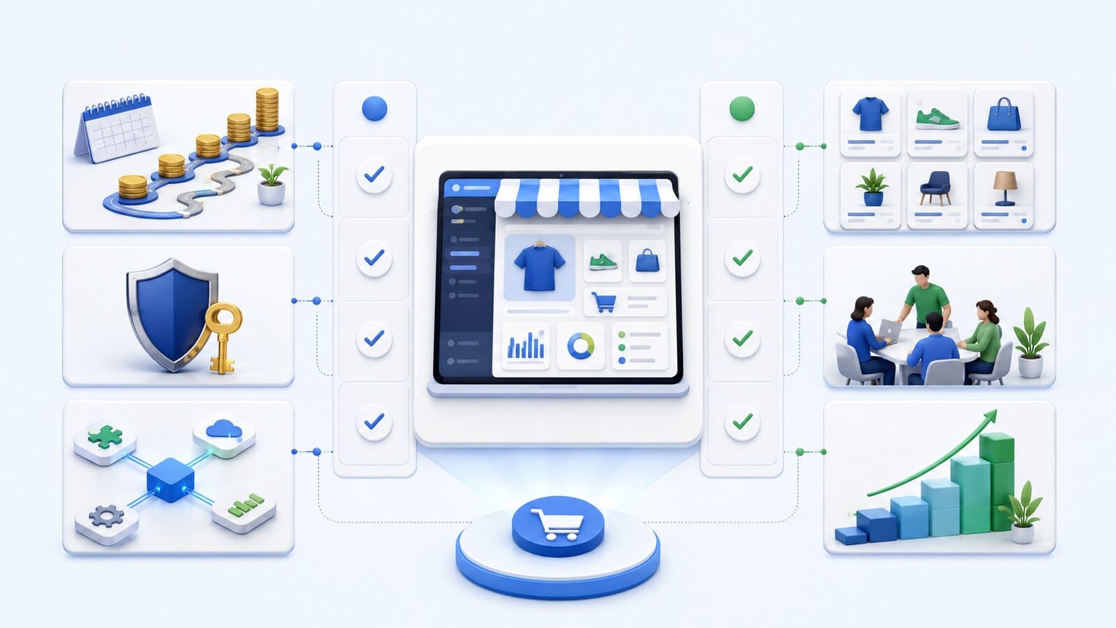 An online store compared by cost, control, integrations, catalogue, team capacity, and growth