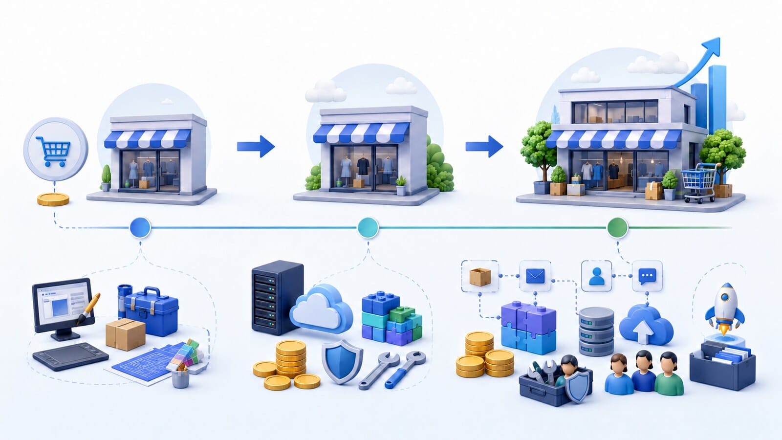 An online store develops from launch to growth with costs for development, hosting, maintenance, integrations, and staff