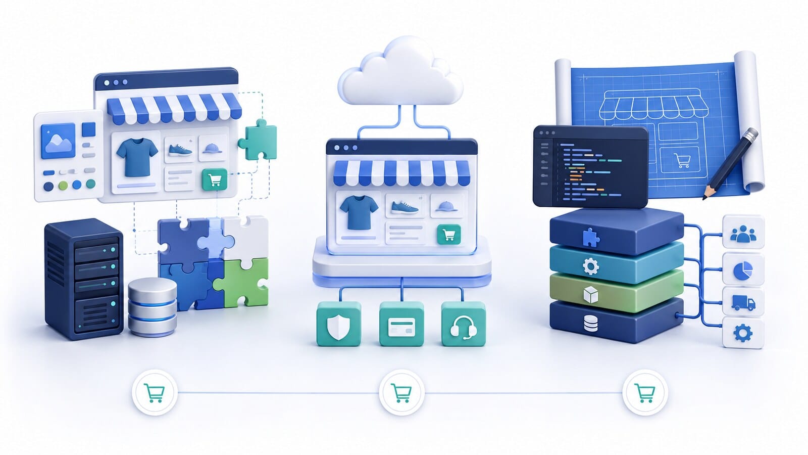 A modular self-hosted store, a hosted cloud platform, and a custom system
