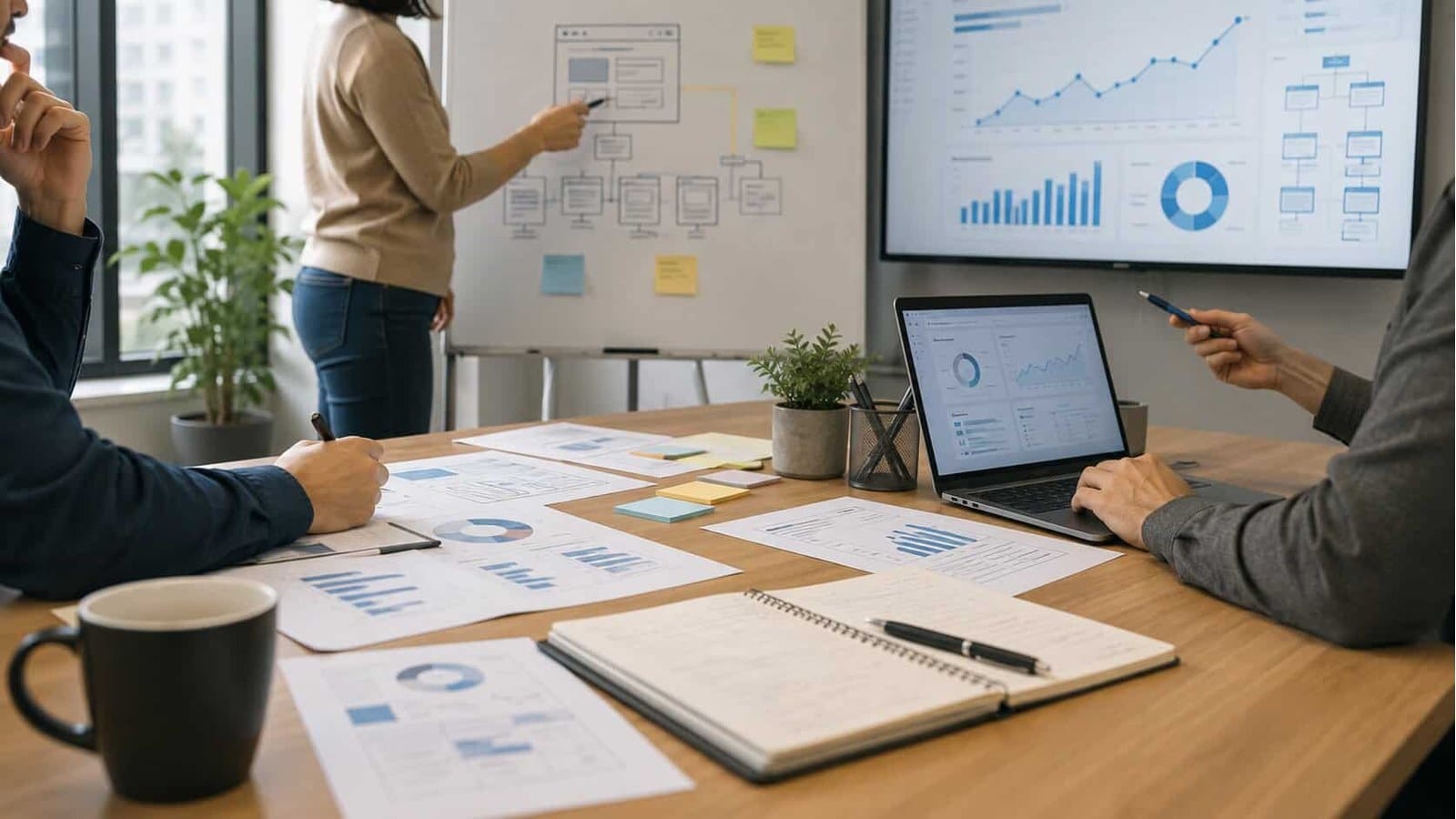 Professionals discussing SEO strategy and project priorities