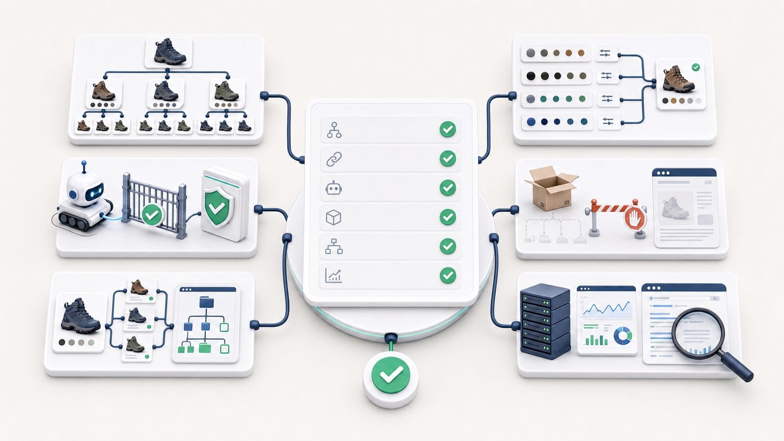 Checklist с шест проверки за архитектура, URL логика, crawl controls, empty states, internal linking и monitoring