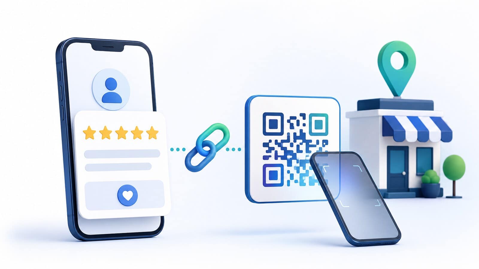 Мобилен екран с оценка, символ за директен линк и декоративен QR код до местен обект