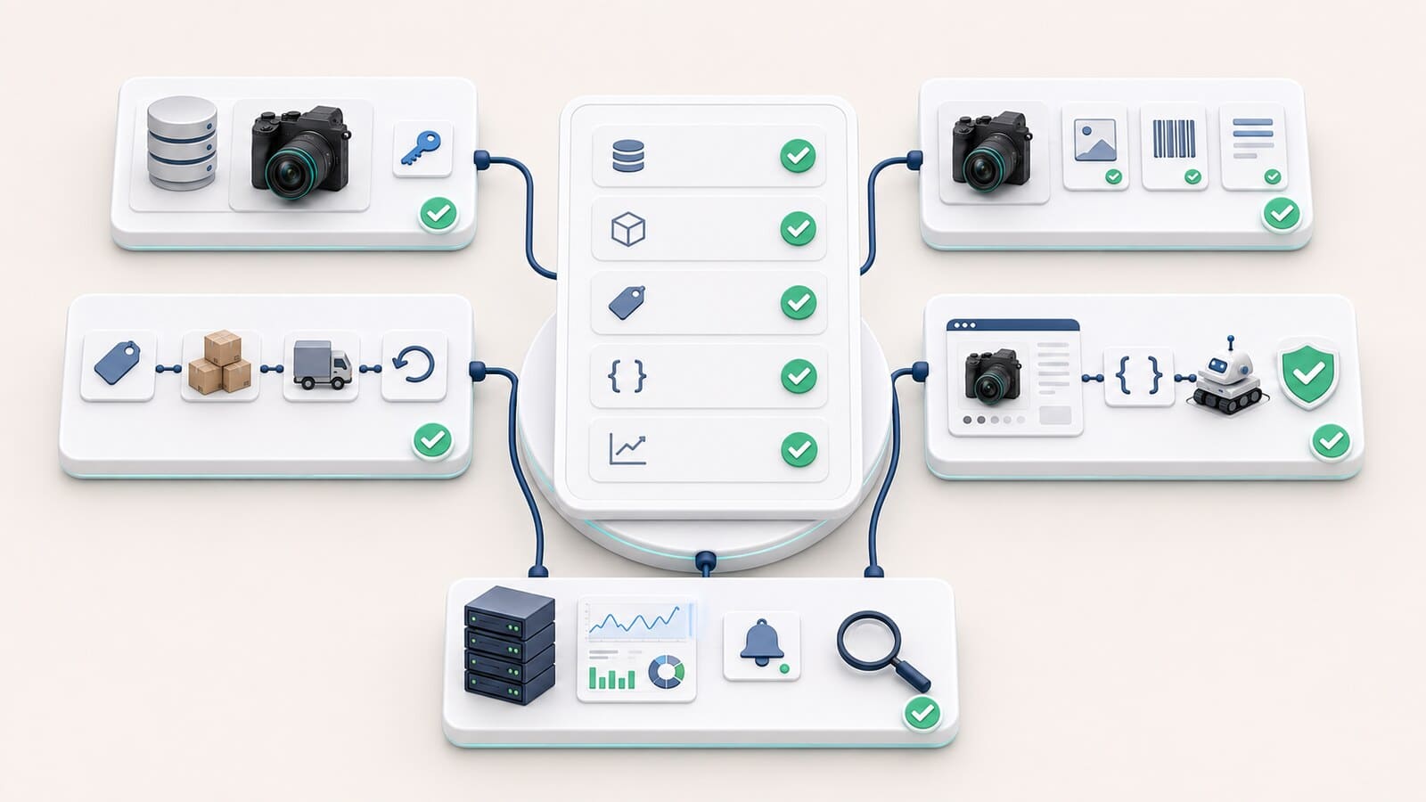 Checklist с пет проверки за source of truth, product identity, offer, technical validation и monitoring