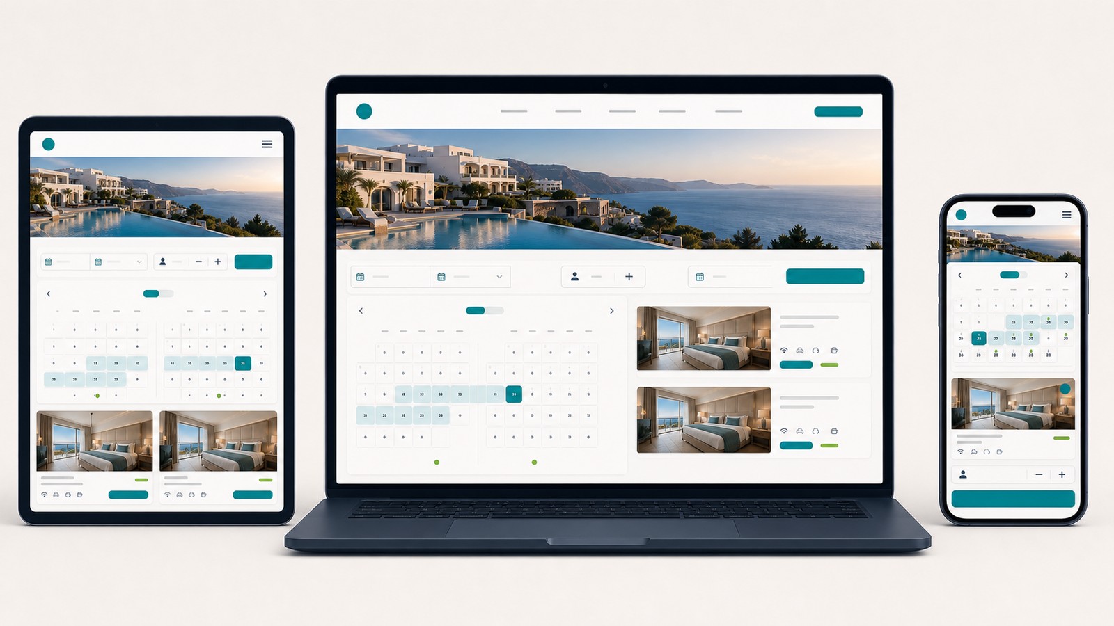 Hotel website shown on a laptop, tablet, and phone with rearranged layouts and a simplified mobile booking step
