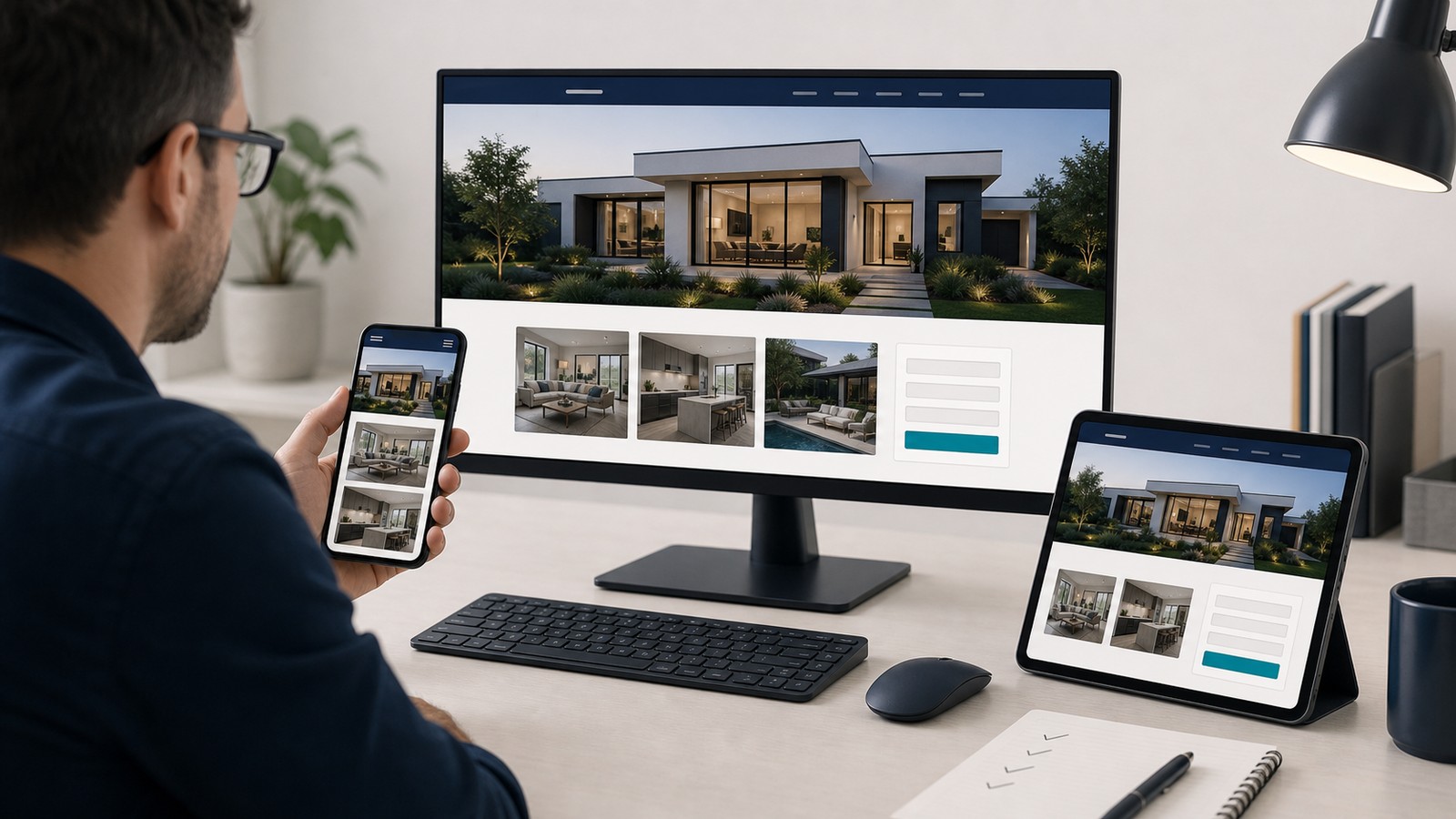 The same company website being checked on a monitor, tablet, and phone after a content update