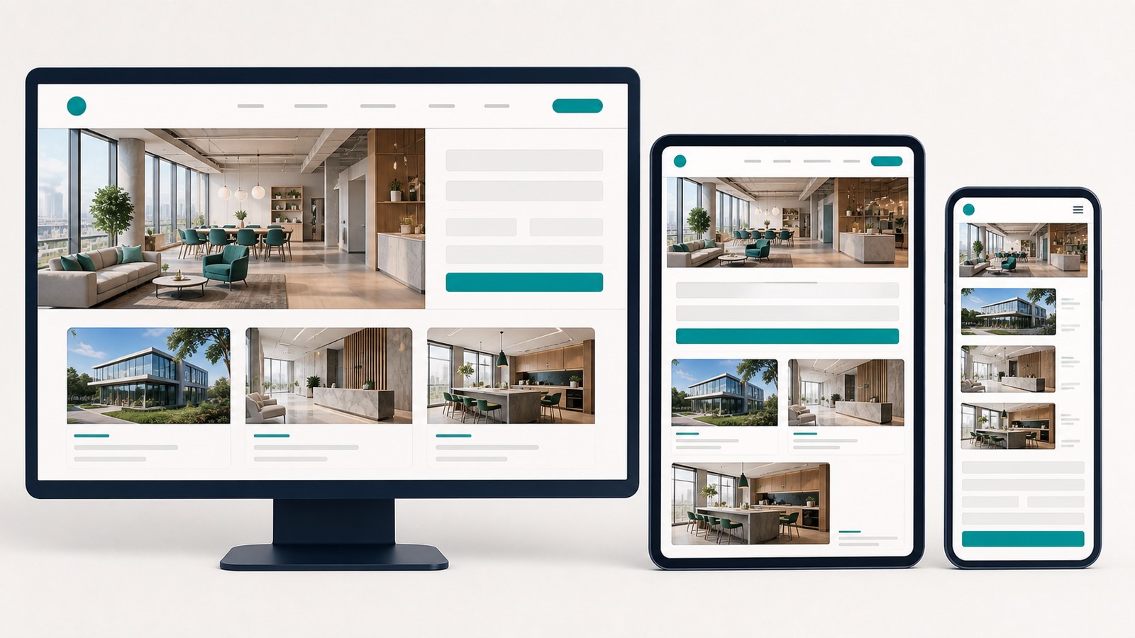 The same architecture website with matching photos, project cards, and a form on a monitor, tablet, and phone