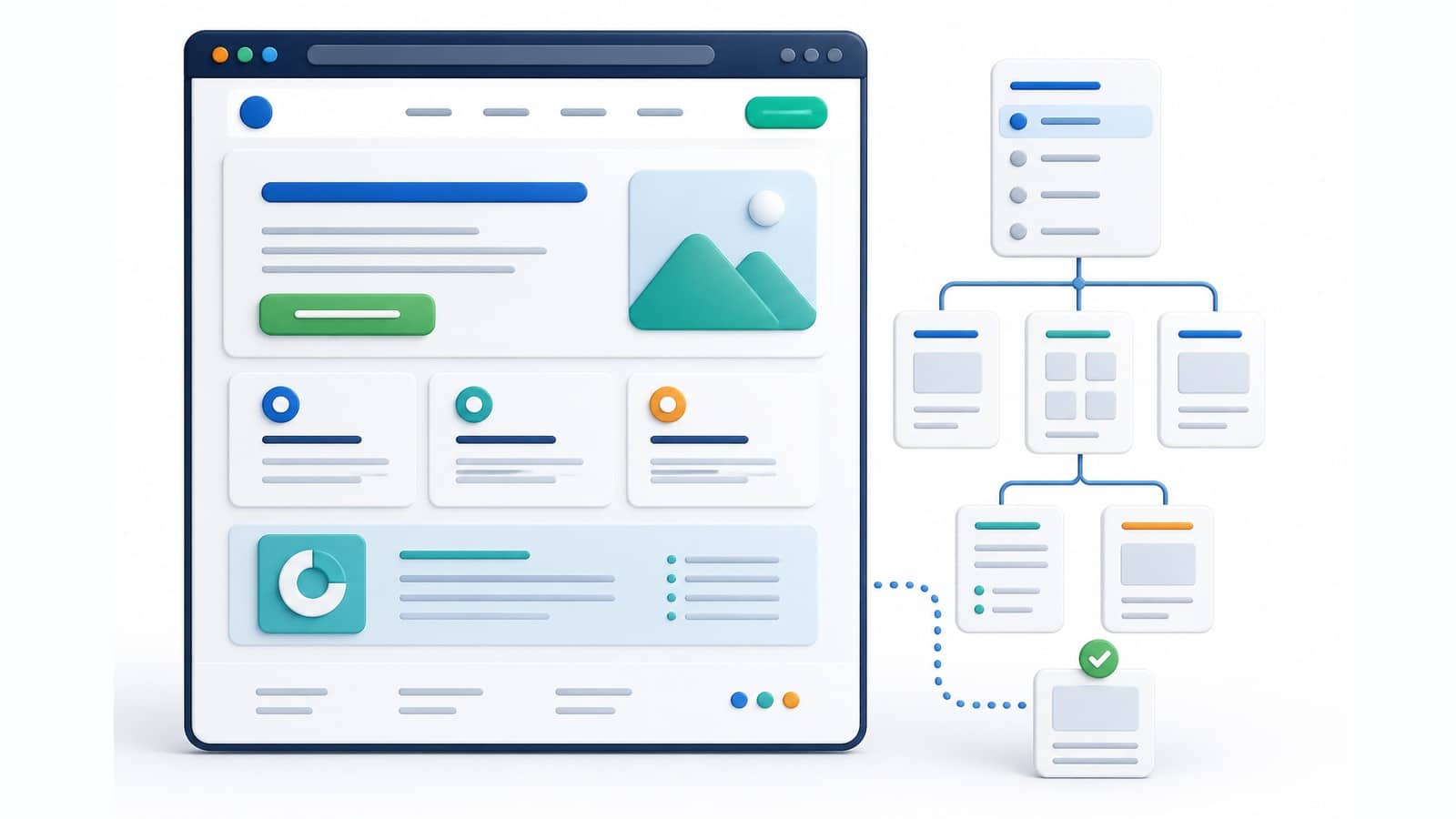 A clearly organized business page connects to a visual map of the website sections