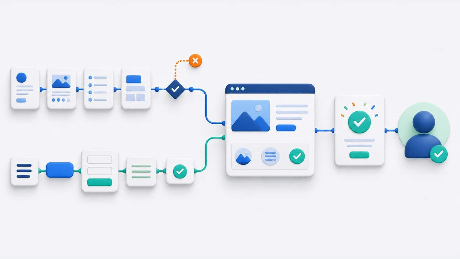 Journey steps and interface controls converge on a complete business page and a successful action